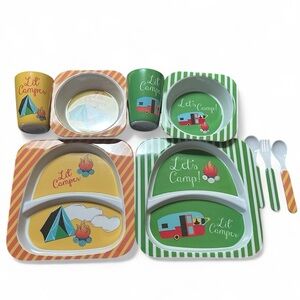 Lil Camper Divided Plate Sets With Bowls Cups & Utensils Green Yellow *READ**